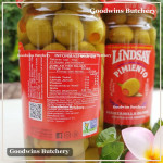 Pickle olive GREEN MANZANILLA OLIVE stuffed with PIMIENTO tart & zesty LINDSAY Spain dr. wt. 7oz 198g (standard size)